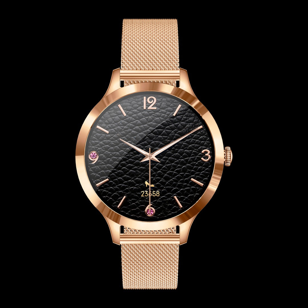 Carbon Iris rosé com pulseira de malha de metal, de frente, com outro mostrador na tela